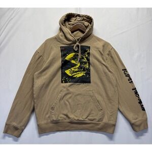 Pac-Man Hoodie Mens Medium Camel Graphic Print Art by Okaz Logo Cotton Ribbed